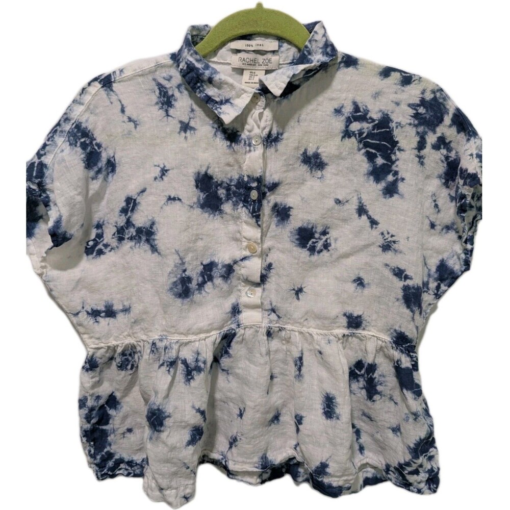 Rachel Zoe 100% Linen Small Dolman Sleeve Tie-dye Peplum Blouse Blue White